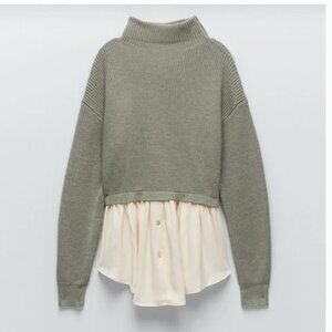 Zara Green Mockneck Layered Button Up Sweater Size S, Pre-loved